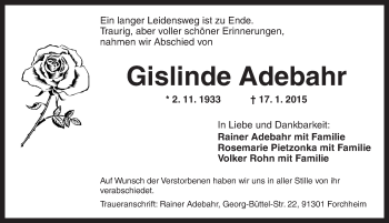 Traueranzeige von Gislinde Adebahr von Ansbach