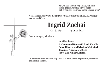 Traueranzeige von Ingrid Zachai von Dinkelsbühl/ Feuchtwangen