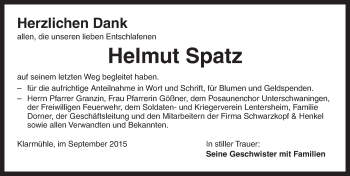 Traueranzeige von Helmut Spatz von Dinkelsbühl/ Feuchtwangen