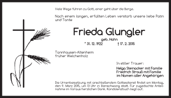 Traueranzeige von Frieda Glungler von Dinkelsbühl/ Feuchtwangen