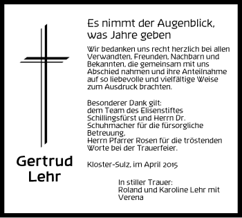 Traueranzeige von Gertrud Lehr von Dinkelsbühl/ Feuchtwangen