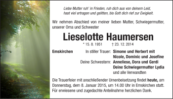 Traueranzeige von Lieselotte Haumersen von Neustadt/ Scheinfeld/ Uffenheim