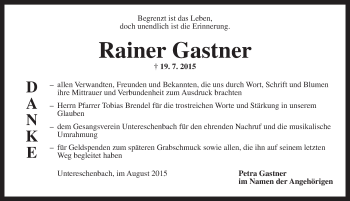 Traueranzeige von Rainer Gastner von Ansbach