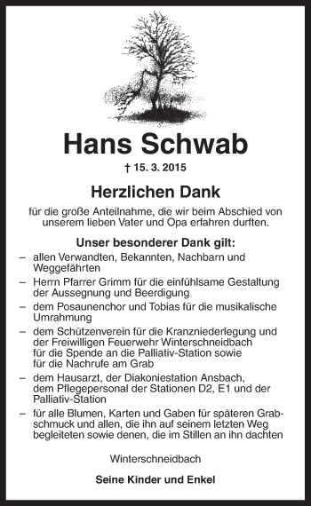 Traueranzeige von Hans Schwab von Ansbach