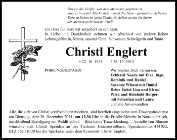 Traueranzeige von Christl Englert von Neustadt/ Scheinfeld/ Uffenheim