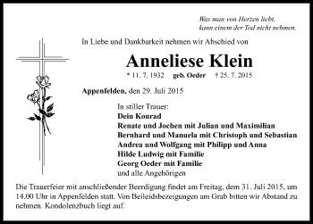 Traueranzeige von Anneliese Klein von Neustadt/ Scheinfeld/ Uffenheim