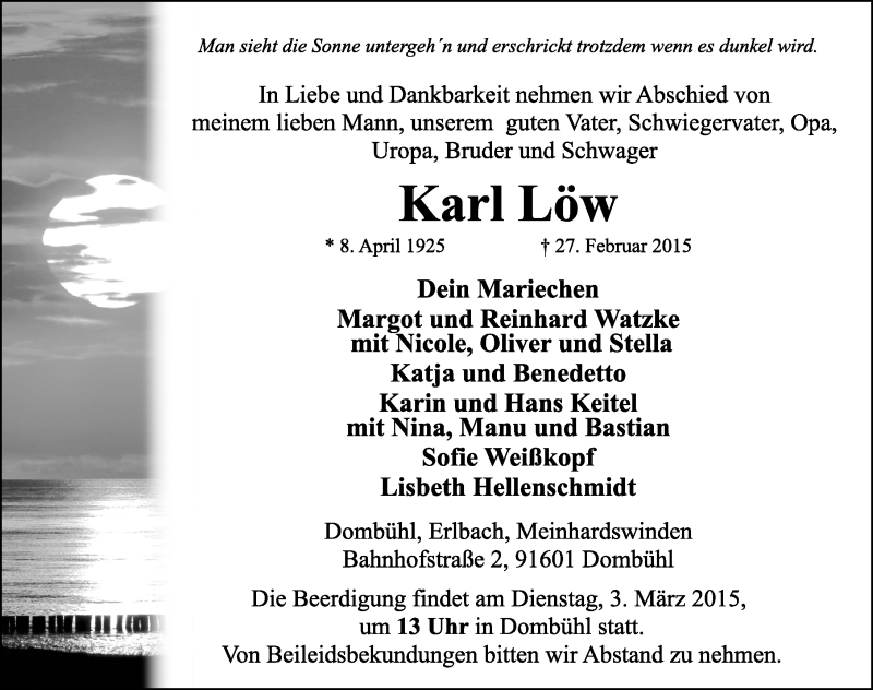  Traueranzeige für Karl Löw vom 02.03.2015 aus Ansbach