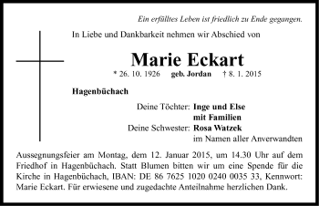 Traueranzeige von Marie Eckart von Neustadt/ Scheinfeld/ Uffenheim