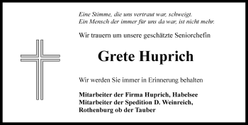 Traueranzeige von Grete Huprich von Rothenburg