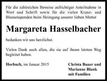 Traueranzeige von Margareta Hasselbacher von Neustadt/ Scheinfeld/ Uffenheim