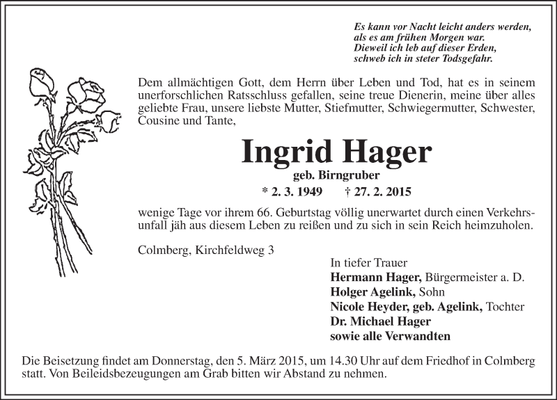  Traueranzeige für Ingrid Hager vom 04.03.2015 aus Ansbach