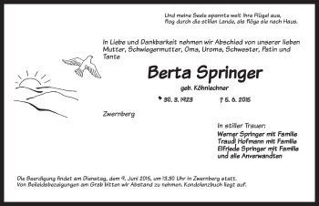 Traueranzeige von Berta Springer von Dinkelsbühl/ Feuchtwangen