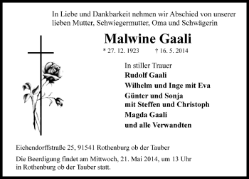 Traueranzeige von Malwine Gaali von Fränkische Landeszeitung-Ausgabe Rothenburg