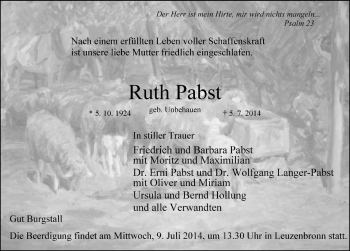 Traueranzeige von Ruth Pabst von Rothenburg