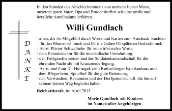 Traueranzeige von Willi Gundlach von Rothenburg