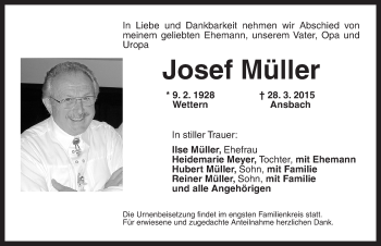 Traueranzeige von Josef Müller von Ansbach