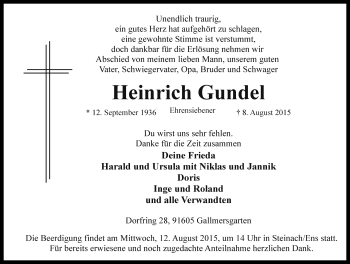 Traueranzeige von Heinrich Gundel von Rothenburg