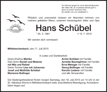 Traueranzeige von Hans Schübel von Ansbach