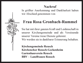 Traueranzeige von Rosa Gronbach-Rummel von Neustadt/ Scheinfeld/ Uffenheim