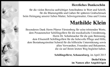 Traueranzeige von Mathilde Klein von Rothenburg
