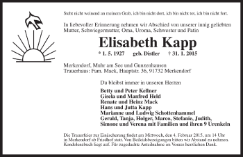 Traueranzeige von Elisabeth Kapp von Ansbach