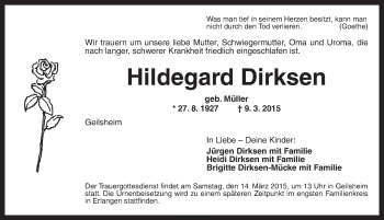 Traueranzeige von Hildegard Dirksen von Dinkelsbühl/ Feuchtwangen