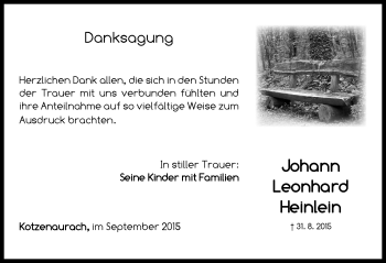 Traueranzeige von Johann Leonhard Heinlein von Neustadt/ Scheinfeld/ Uffenheim