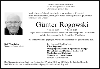 Traueranzeige von Günter Rogowski von Neustadt/ Scheinfeld/ Uffenheim