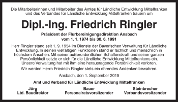 Traueranzeige von Friedrich Ringler von Ansbach