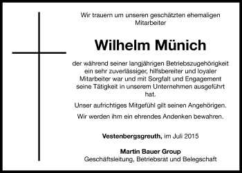 Traueranzeige von Wilhelm Münich von Neustadt/ Scheinfeld/ Uffenheim