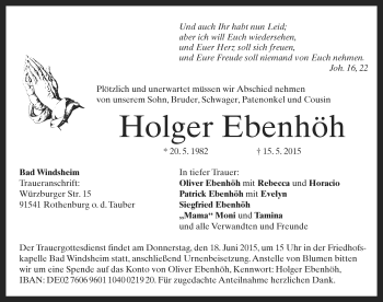 Traueranzeige von Holger Ebenhöh von Rothenburg