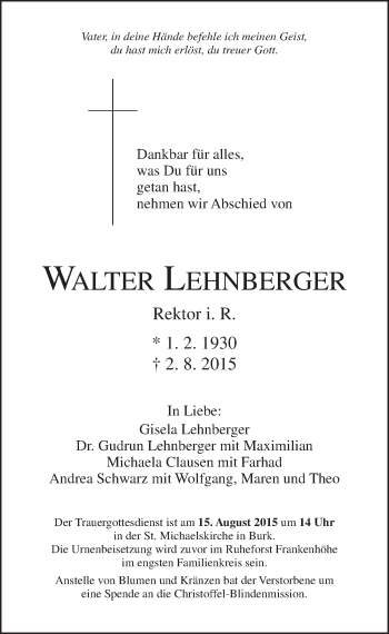 Traueranzeige von Walter Lehnberger von Dinkelsbühl/ Feuchtwangen