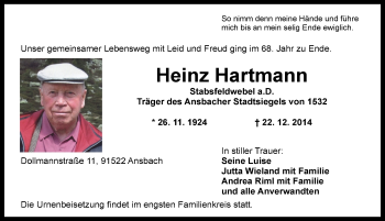 Traueranzeige von Heinz Hartmann von Ansbach