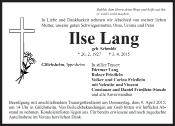 Traueranzeige von Ilse Lang von Neustadt/ Scheinfeld/ Uffenheim