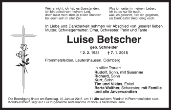 Traueranzeige von Luise Betscher  von Ansbach