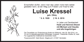 Traueranzeige von Luise Kressel von Ansbach