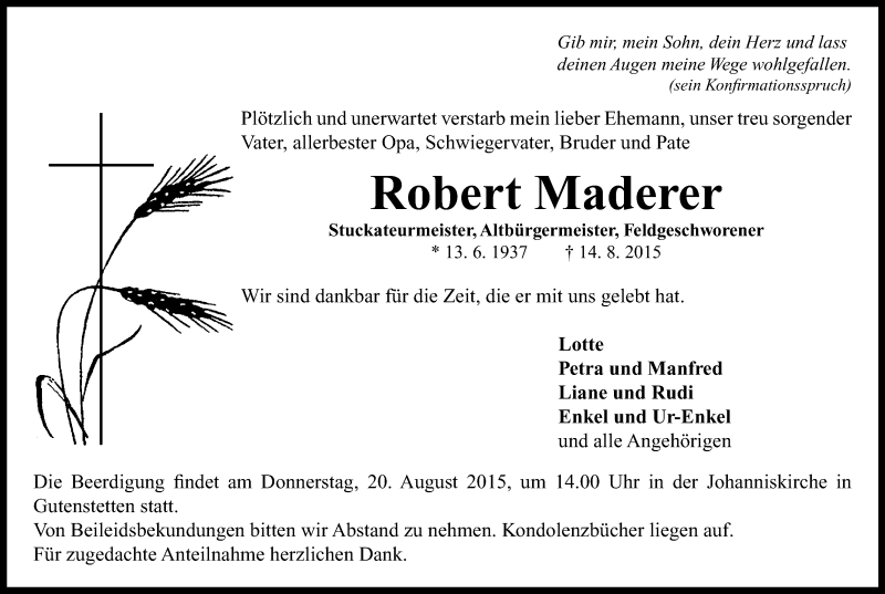  Traueranzeige für Robert Maderer vom 18.08.2015 aus Neustadt/ Scheinfeld/ Uffenheim