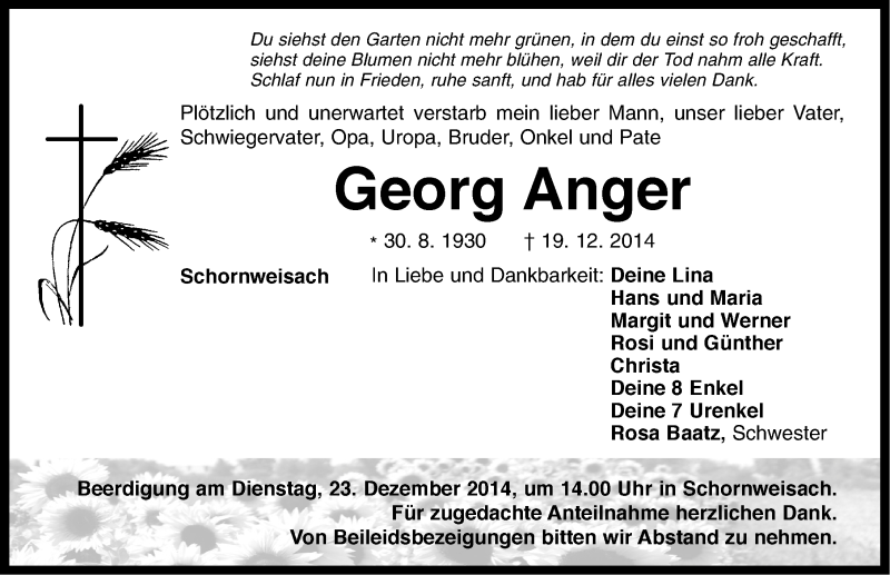  Traueranzeige für Georg Anger vom 22.12.2014 aus Neustadt/ Scheinfeld/ Uffenheim