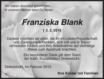 Traueranzeige von Franziska Blank von Dinkelsbühl/ Feuchtwangen