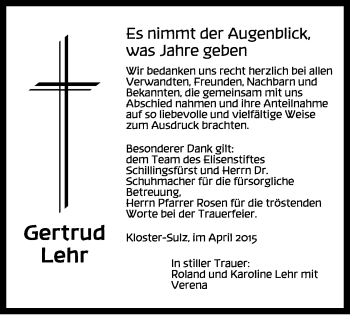 Traueranzeige von Gertrud Lehr von Rothenburg