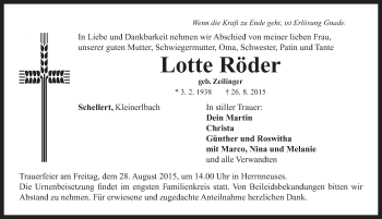 Traueranzeige von Lotte Röder von Neustadt/ Scheinfeld/ Uffenheim