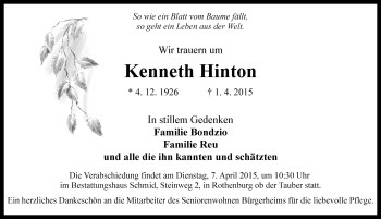 Traueranzeige von Kenneth Hinton von Rothenburg