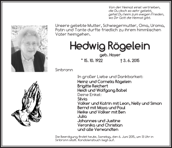 Traueranzeige von Hedwig Rögelein von Dinkelsbühl/ Feuchtwangen