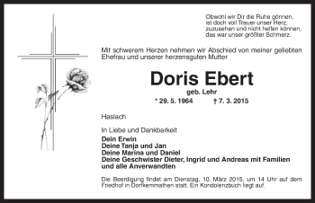 Traueranzeige von Doris Ebert von Dinkelsbühl/ Feuchtwangen