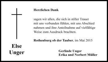 Traueranzeige von Else Unger von Rothenburg