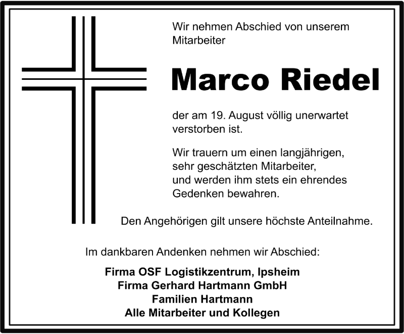  Traueranzeige für Marco Riedel vom 22.08.2015 aus Neustadt/ Scheinfeld/ Uffenheim