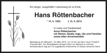 Traueranzeige von Hans Röttenbacher von Ansbach