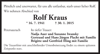 Traueranzeige von Rolf Kraus von Ansbach