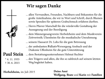 Traueranzeige von Paul Stein von Neustadt/ Scheinfeld/ Uffenheim