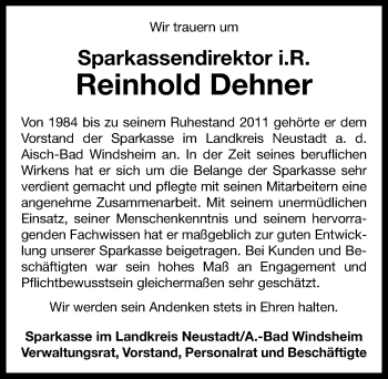 Traueranzeige von Reinhold Dehner von Neustadt/ Scheinfeld/ Uffenheim